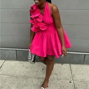Pink Asymmetrical Ruffled Mini Dress